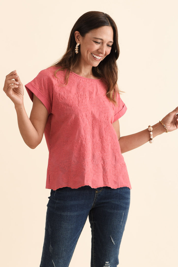 Raewyn Berry Flower Embroidered Cotton Top,Brunette model,alt text|model:Cara