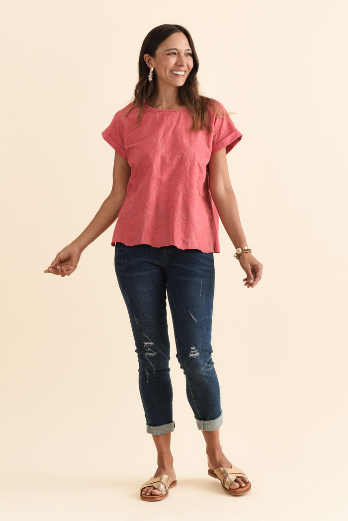 Raewyn Berry Flower Embroidered Cotton Top,Brunette model,alt text|model:Cara