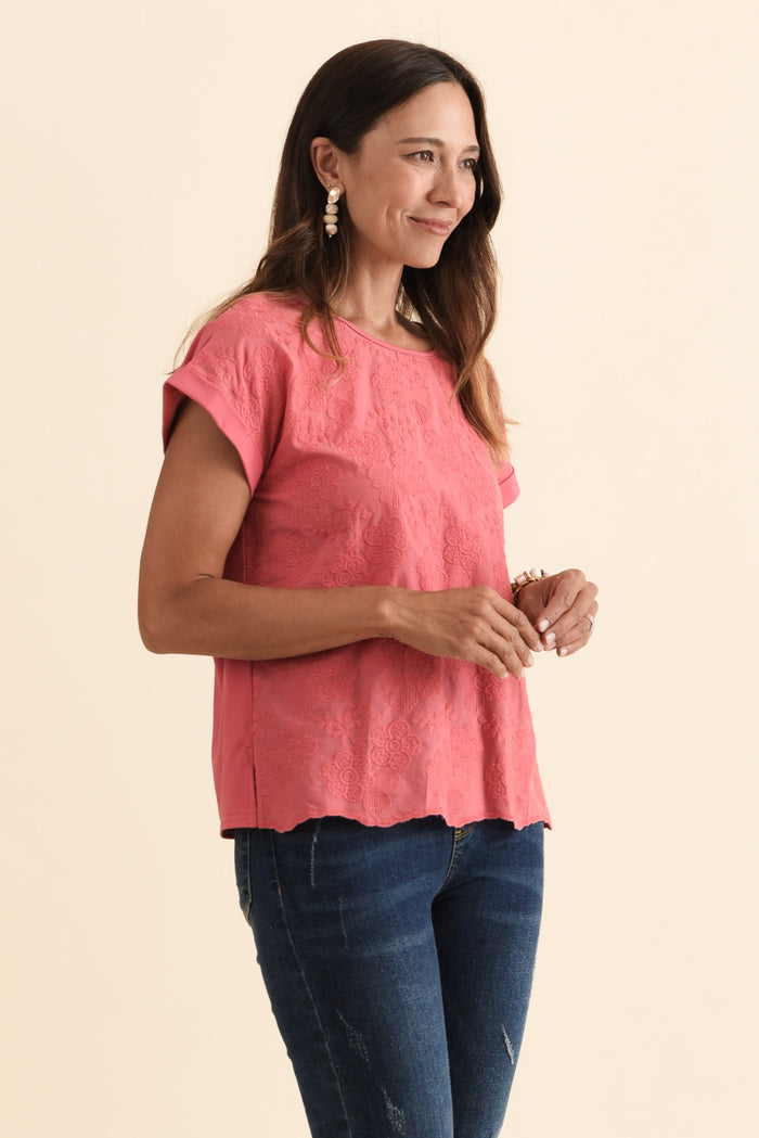 Raewyn Berry Flower Embroidered Cotton Top,Brunette model,alt text|model:Cara