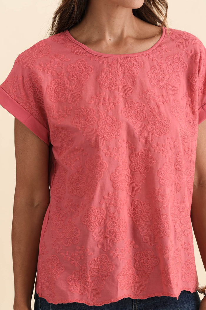 Raewyn Berry Flower Embroidered Cotton Top,Brunette model,alt text|model:Cara