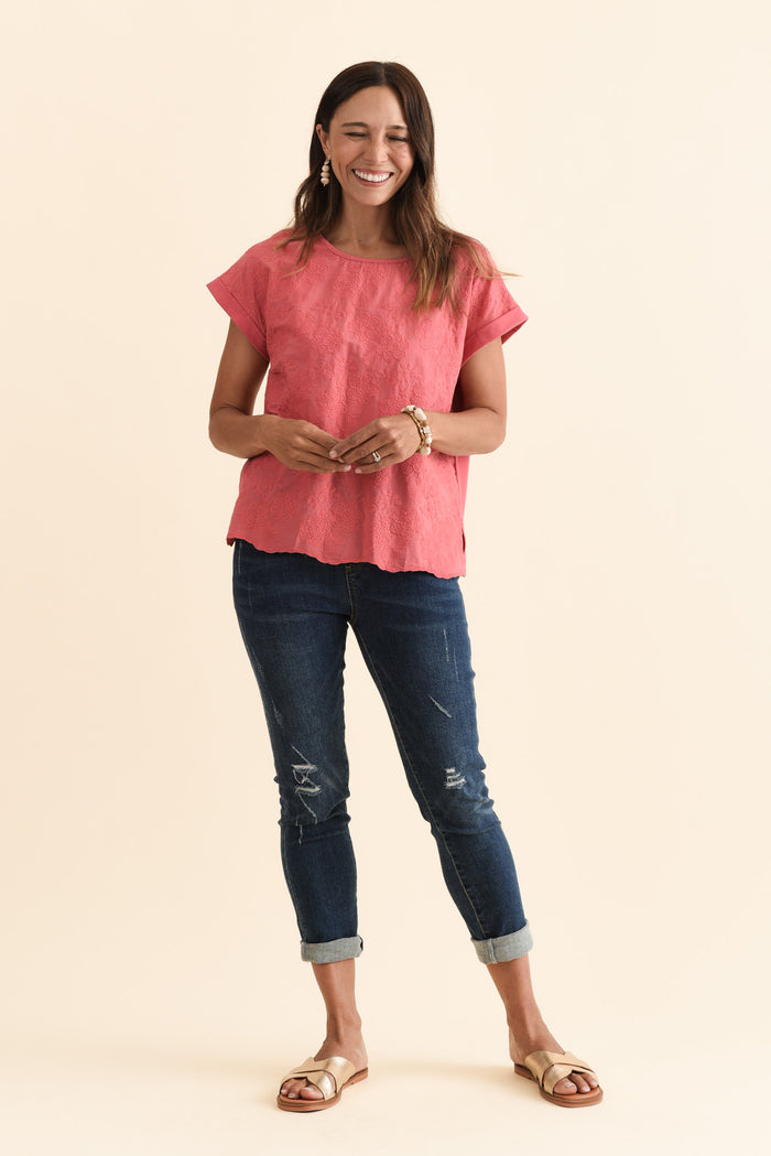 Raewyn Berry Flower Embroidered Cotton Top,Brunette model,alt text|model:Cara