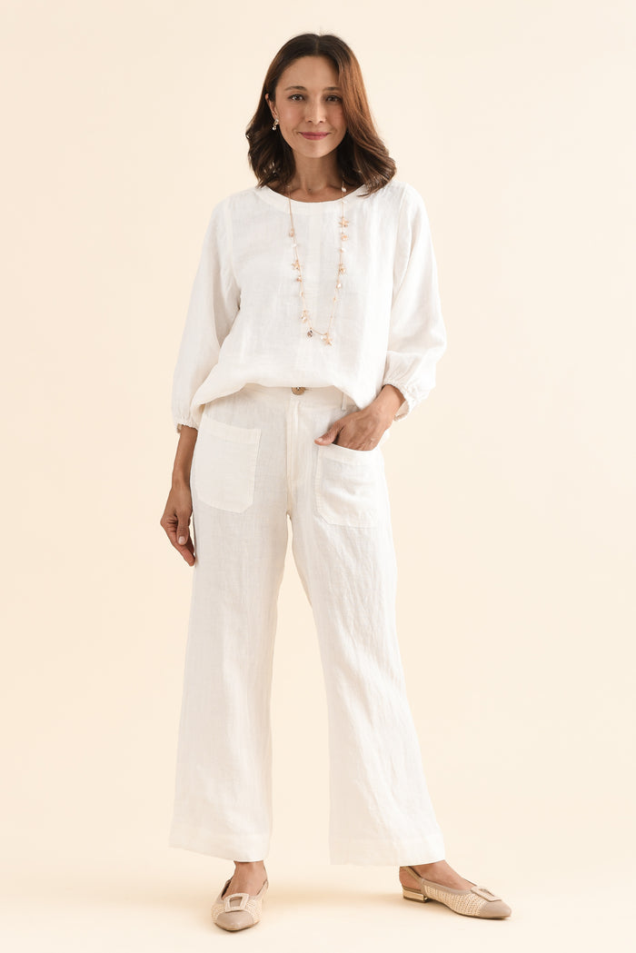 Ralph White Linen Pocket Pants,Full Body,Brunette model,alt text|model:Cara