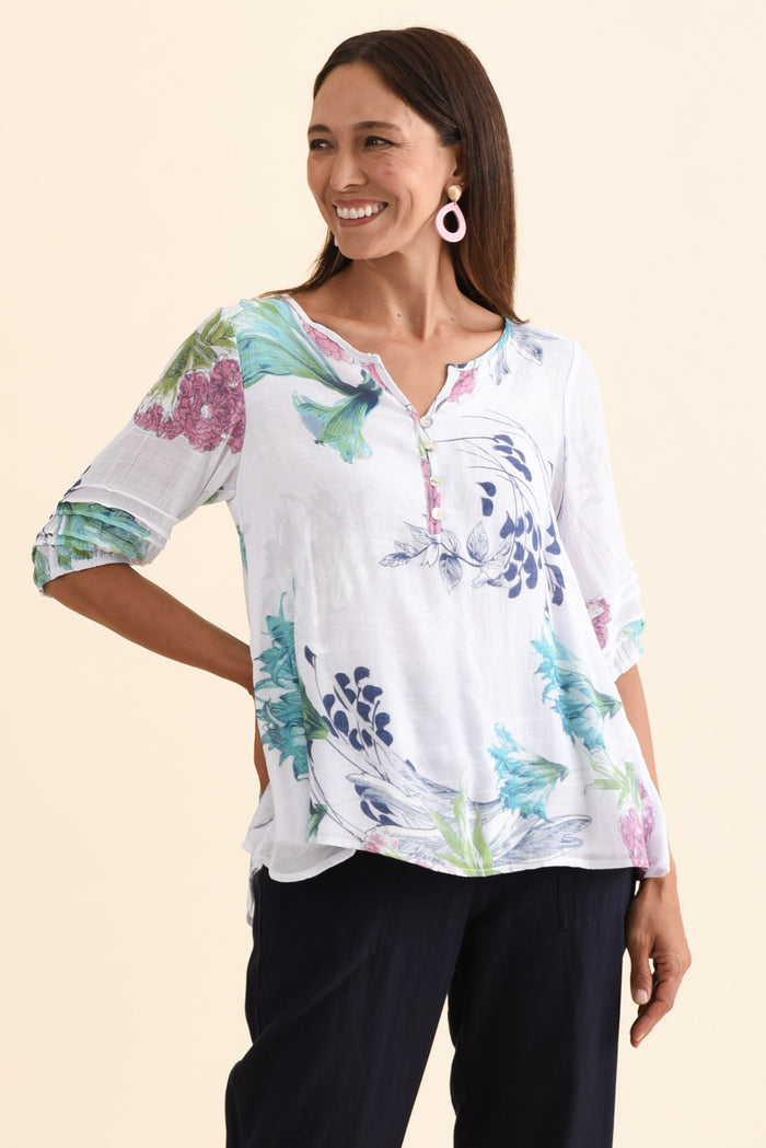 Ramy White Floral Cotton Blend Top,Brunette model,alt text|model:Cara