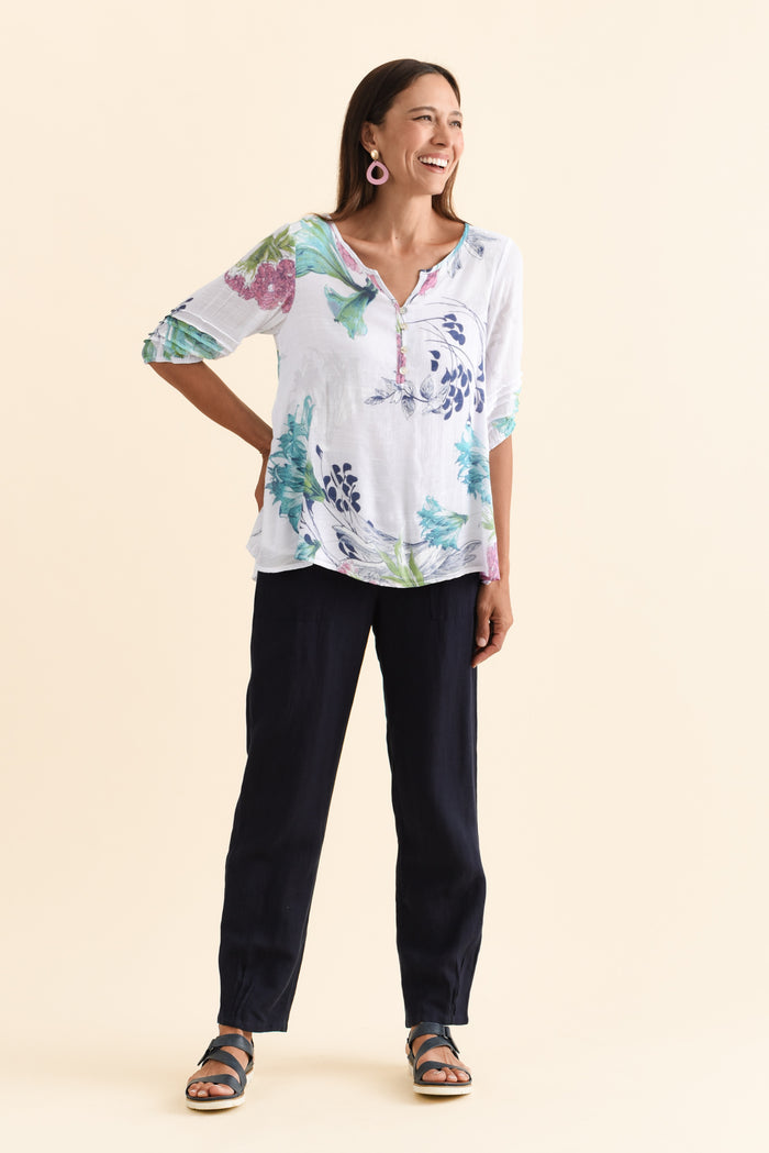 Ramy White Floral Cotton Blend Top,Brunette model,alt text|model:Cara