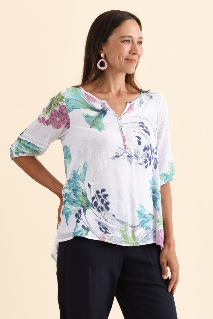 Ramy White Floral Cotton Blend Top,Brunette model,alt text|model:Cara