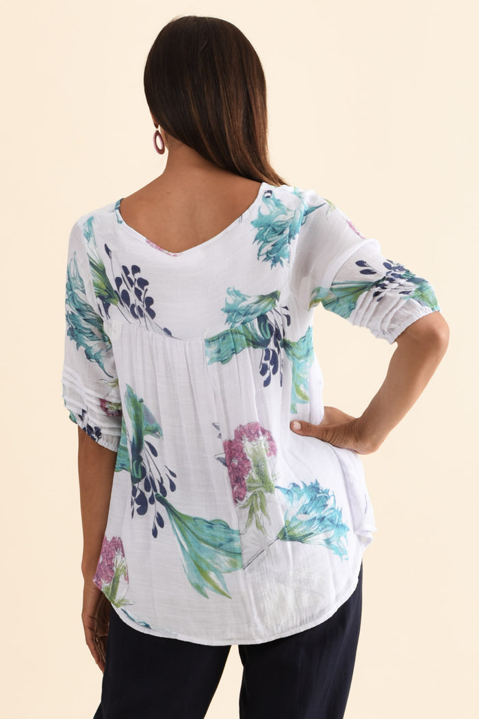 Ramy White Floral Cotton Blend Top,Brunette model,alt text|model:Cara