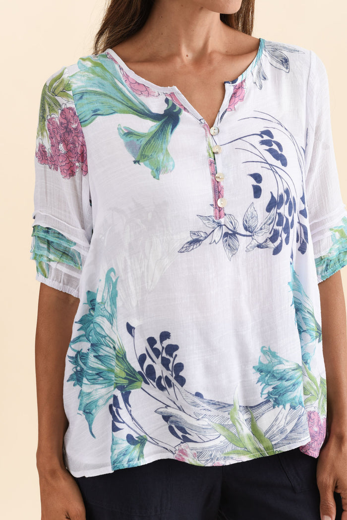 Ramy White Floral Cotton Blend Top,Brunette model,alt text|model:Cara