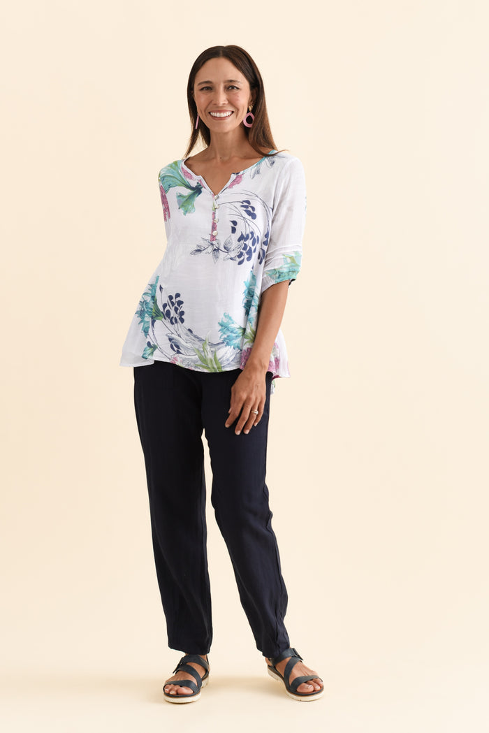 Ramy White Floral Cotton Blend Top,Brunette model,alt text|model:Cara