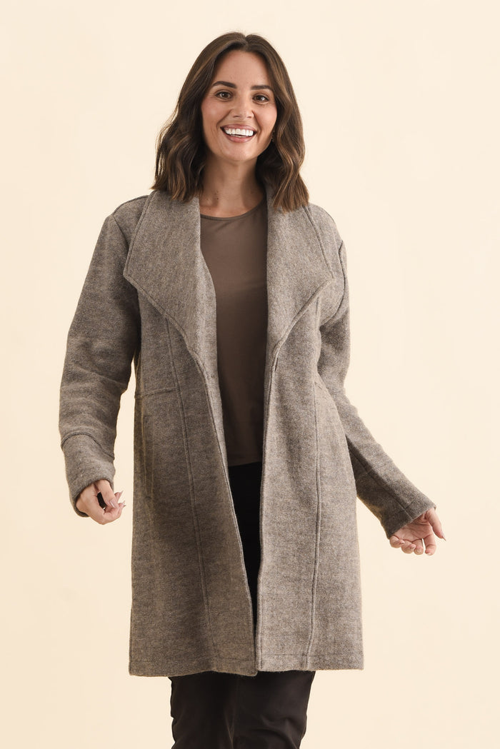 Raquel Taupe Wool Coat,Brunette model,alt text|model:MJ