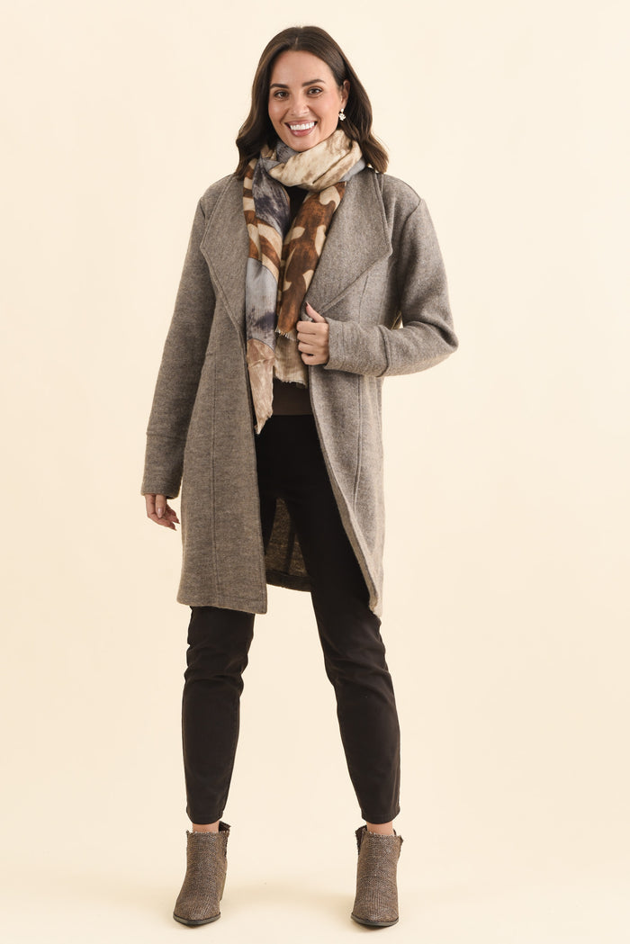 Raquel Taupe Wool Coat,Brunette model,alt text|model:MJ