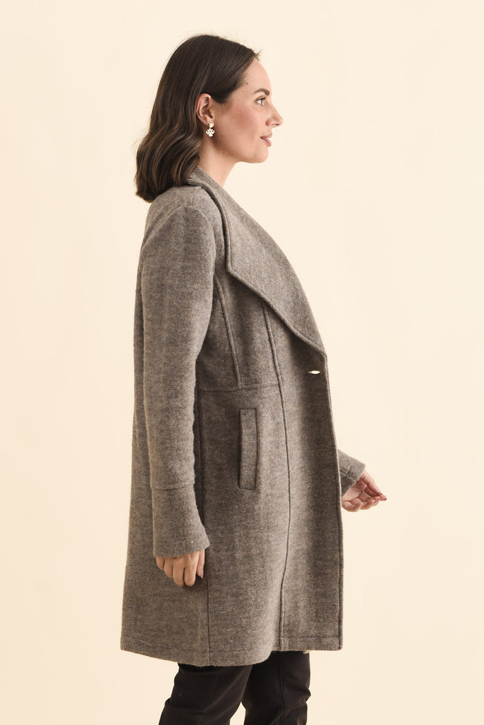 Raquel Taupe Wool Coat,Brunette model,alt text|model:MJ