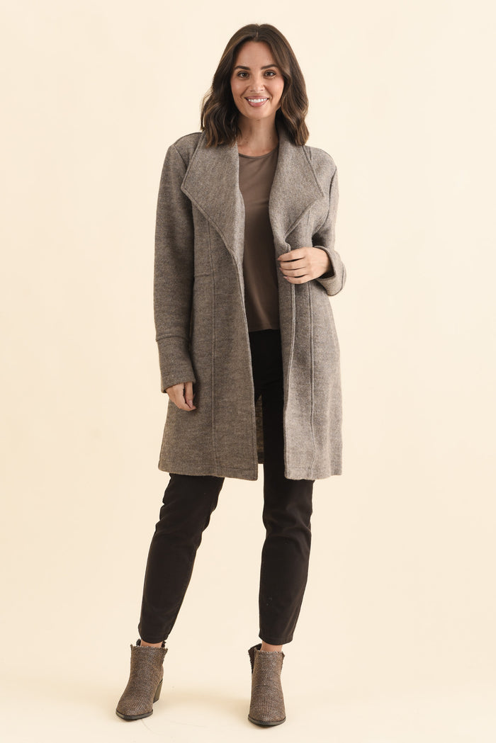 Raquel Taupe Wool Coat,Brunette model,alt text|model:MJ