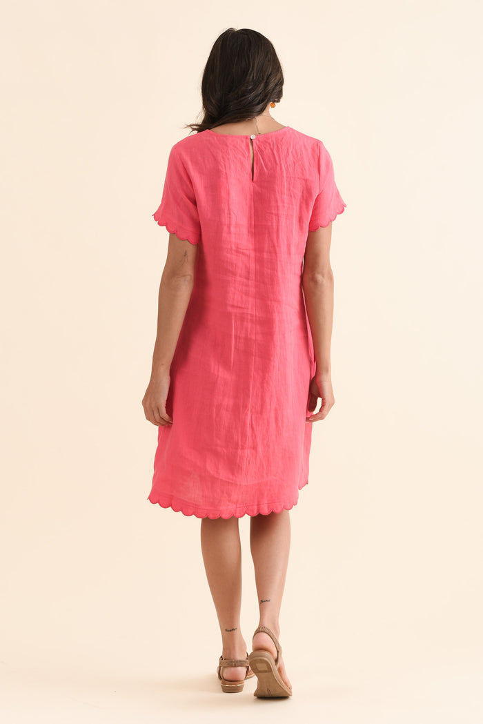 Ravello Melon Linen Pocket Dress,Back,Brunette model,alt text|model:Brontie