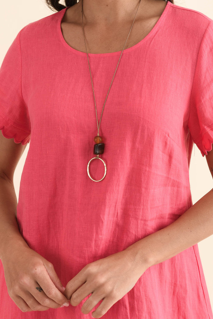 Ravello Melon Linen Pocket Dress,Detail,Brunette model,alt text|model:Brontie