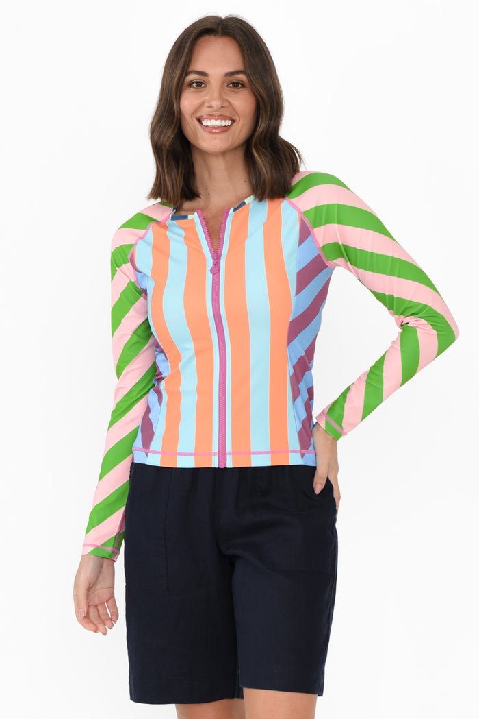 Raven Green Stripe Rash Vest,Brunette model,alt text|model:MJ