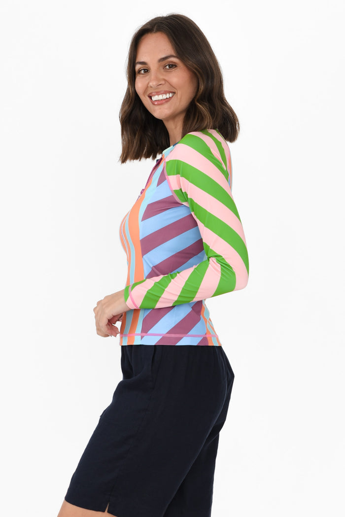 Raven Green Stripe Rash Vest,Brunette model,alt text|model:MJ