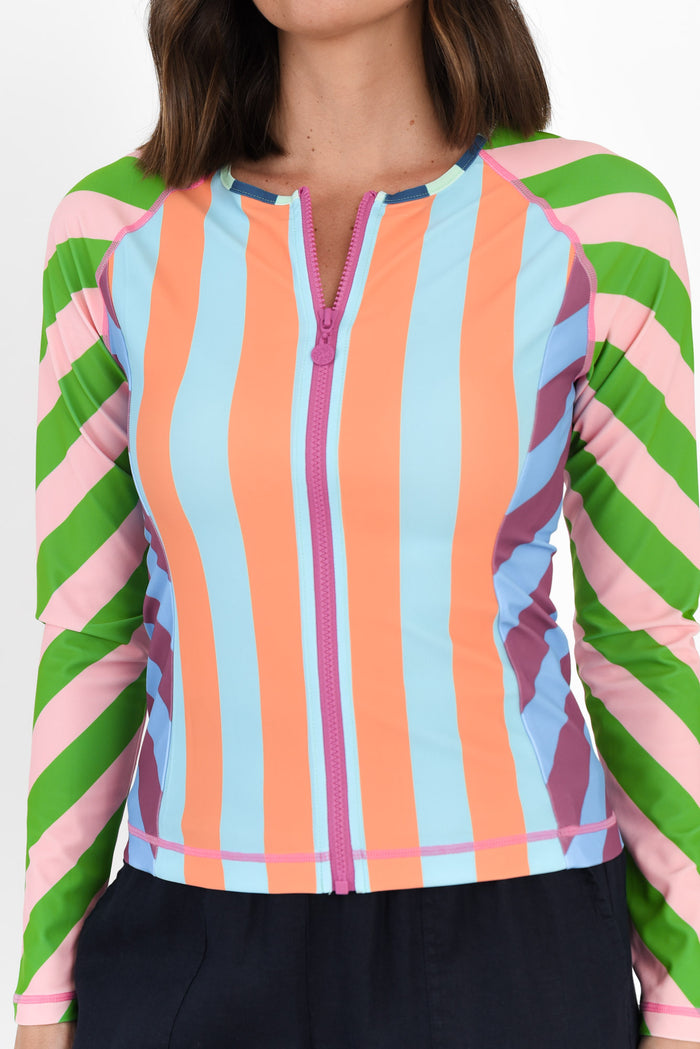 Raven Green Stripe Rash Vest,Brunette model,alt text|model:MJ