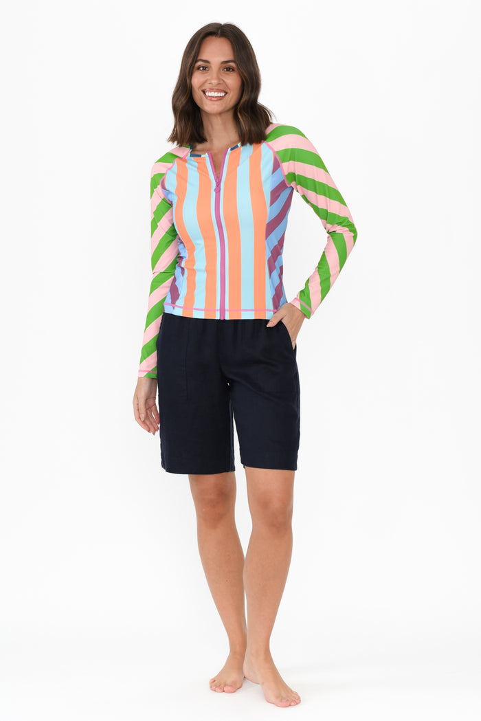 Raven Green Stripe Rash Vest,Brunette model,alt text|model:MJ