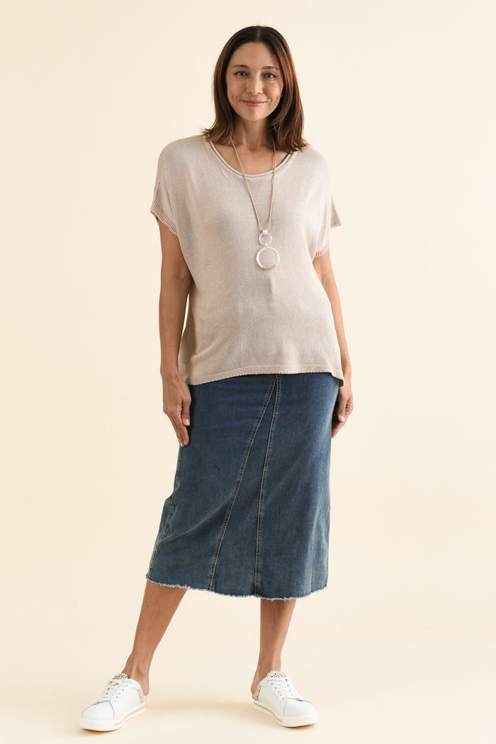 Rawlins Beige Cotton Knit Top,brunette model,Full Outfit,alt text|model:Cara