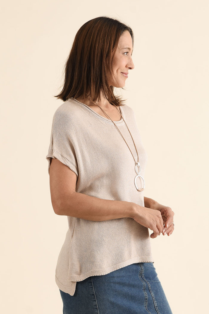 Rawlins Beige Cotton Knit Top,brunette model,Side of Outfit,alt text|model:Cara