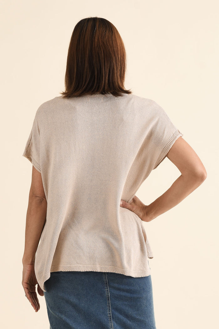 Rawlins Beige Cotton Knit Top,brunette model,Back of Outfit,alt text|model:Cara