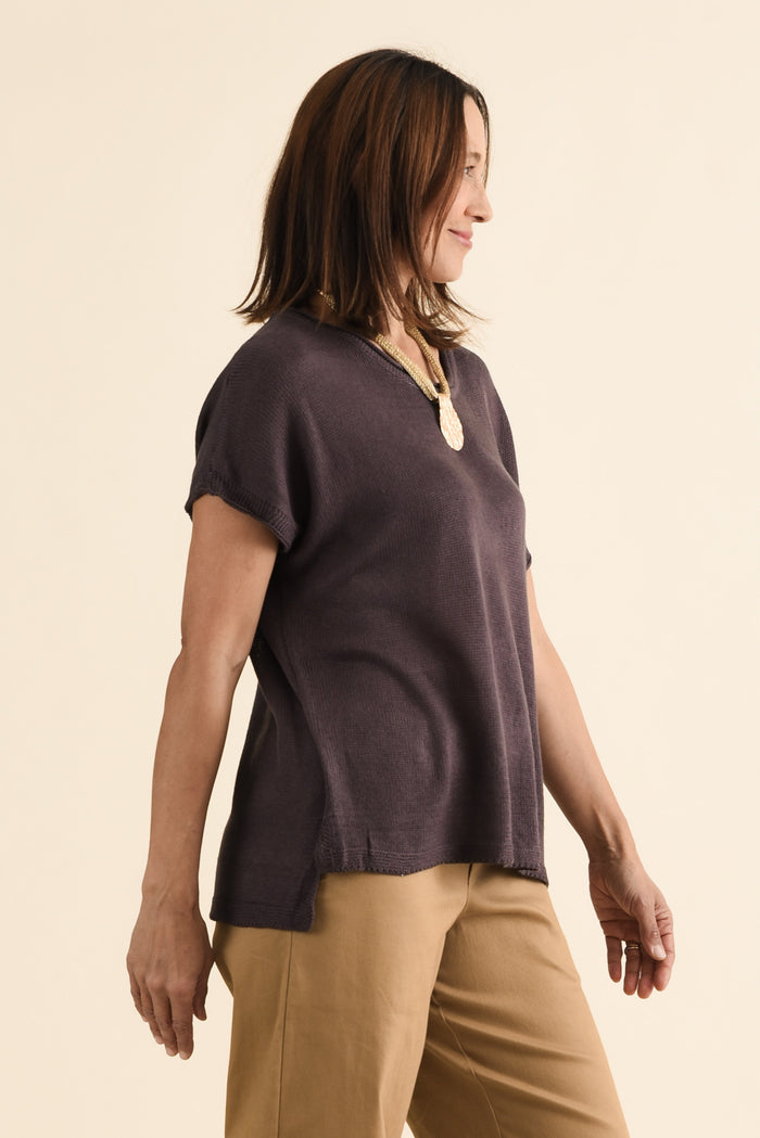 Rawlins Chocolate Cotton Knit Top,brunette model,Side of Outfit,alt text|model:Cara