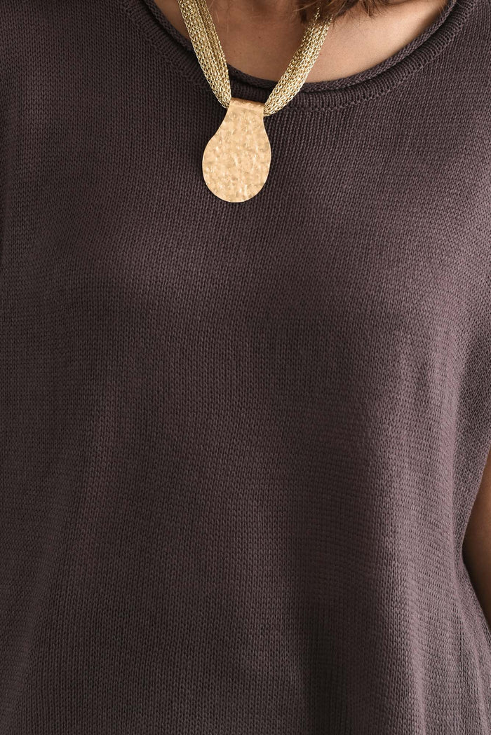 Rawlins Chocolate Cotton Knit Top,brunette model,Close up of outfit,alt text|model:Cara