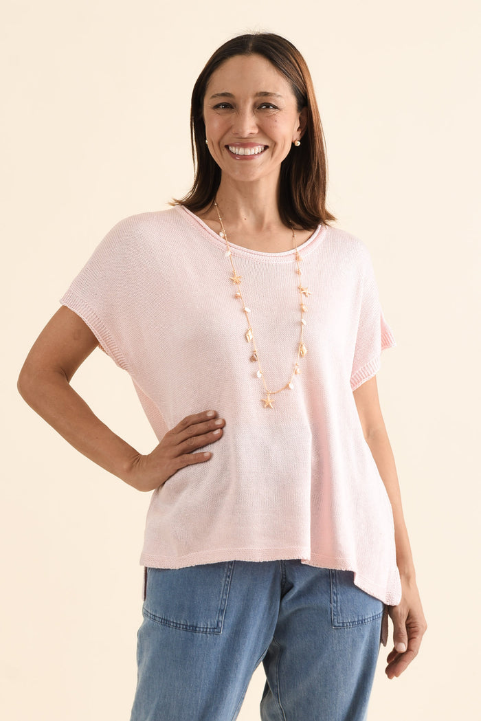 Rawlins Pink Cotton Knit Top,brunette model,Front of Outfit,alt text|model:Cara