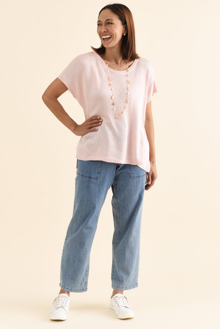 Rawlins Pink Cotton Knit Top,brunette model,Full Outfit,alt text|model:Cara