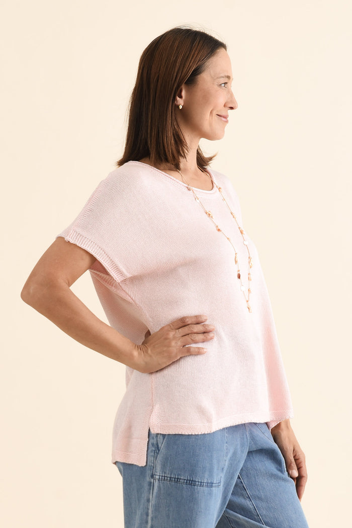 Rawlins Pink Cotton Knit Top,brunette model,Side of Outfit,alt text|model:Cara