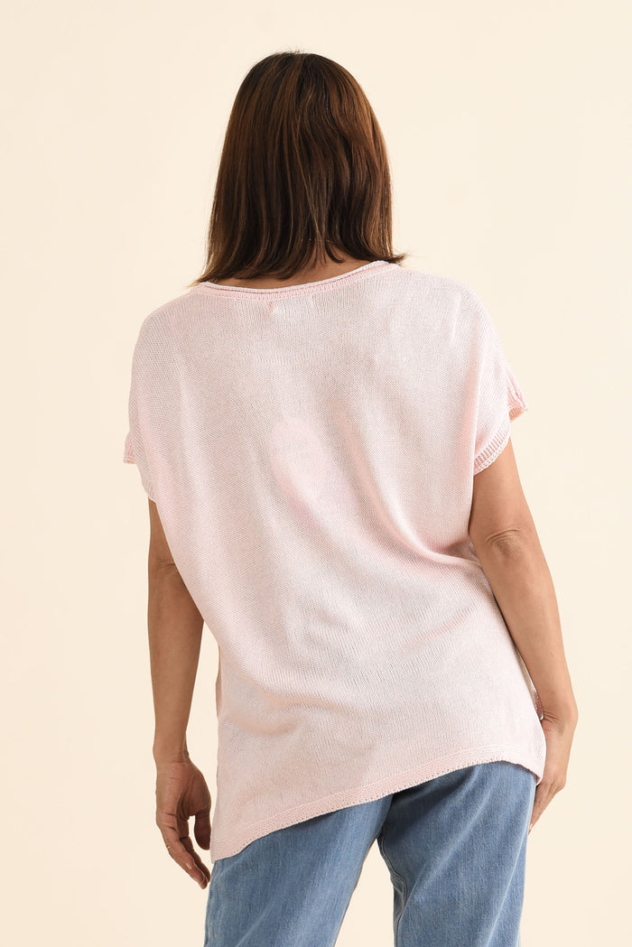 Rawlins Pink Cotton Knit Top,brunette model,Back of Outfit,alt text|model:Cara