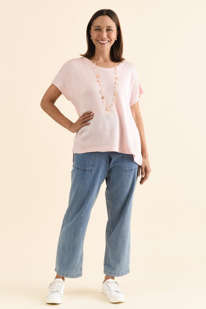 Rawlins Pink Cotton Knit Top,brunette model,Full Outfit,alt text|model:Cara