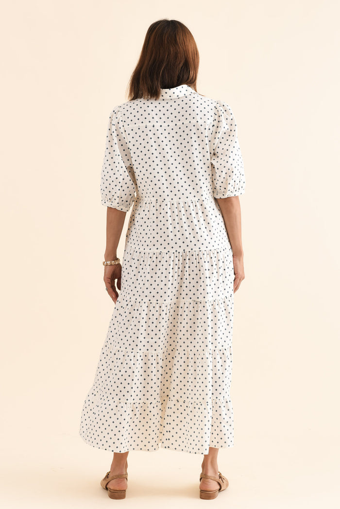 Raymond Navy Diamond Linen Button Dress,Back,Brunette model,alt text|model:Cara