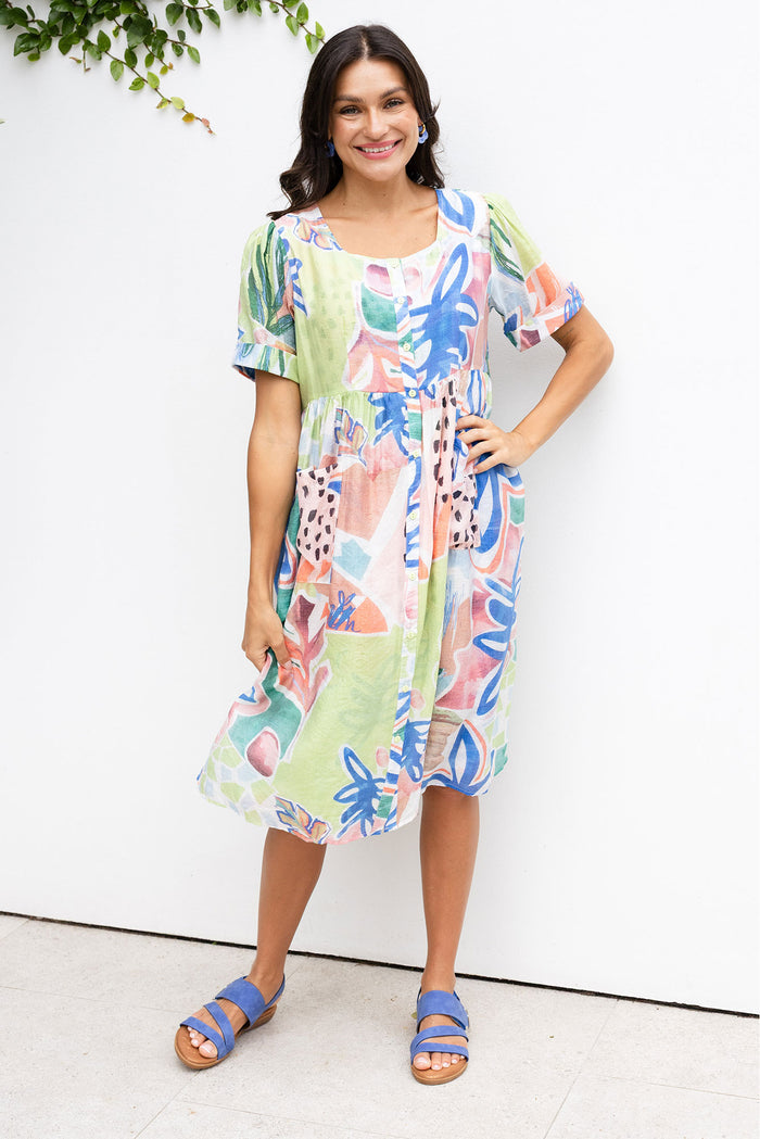 Rayna Blue Flower Button Dress,Lifestyle