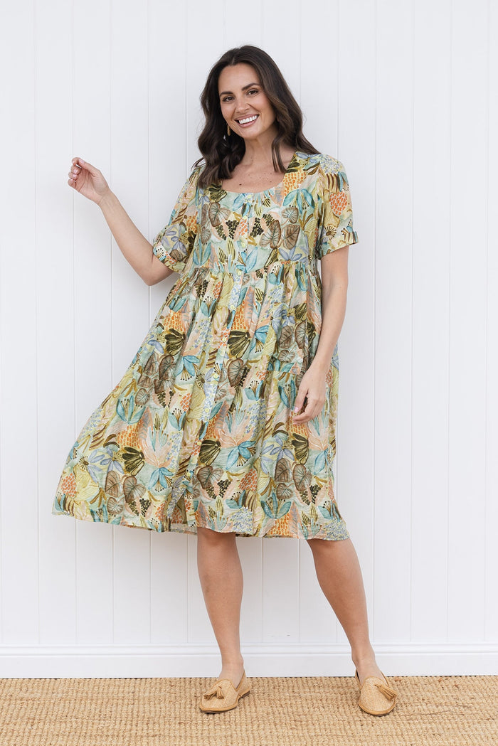Rayna Brown Garden Button Dress,brunette model,Front of Outfit,Lifestyle