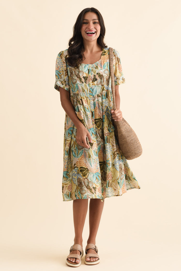 Rayna Brown Garden Button Dress,Brunette model,alt text|model:Brontie
