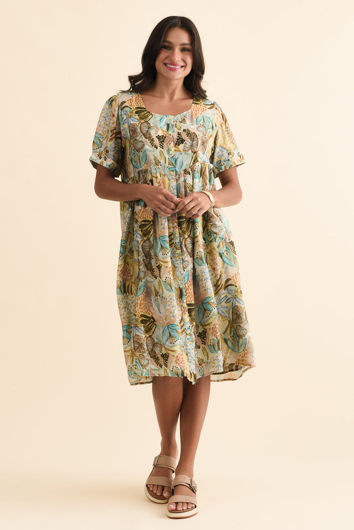 Rayna Brown Garden Button Dress,Brunette model,alt text|model:Brontie