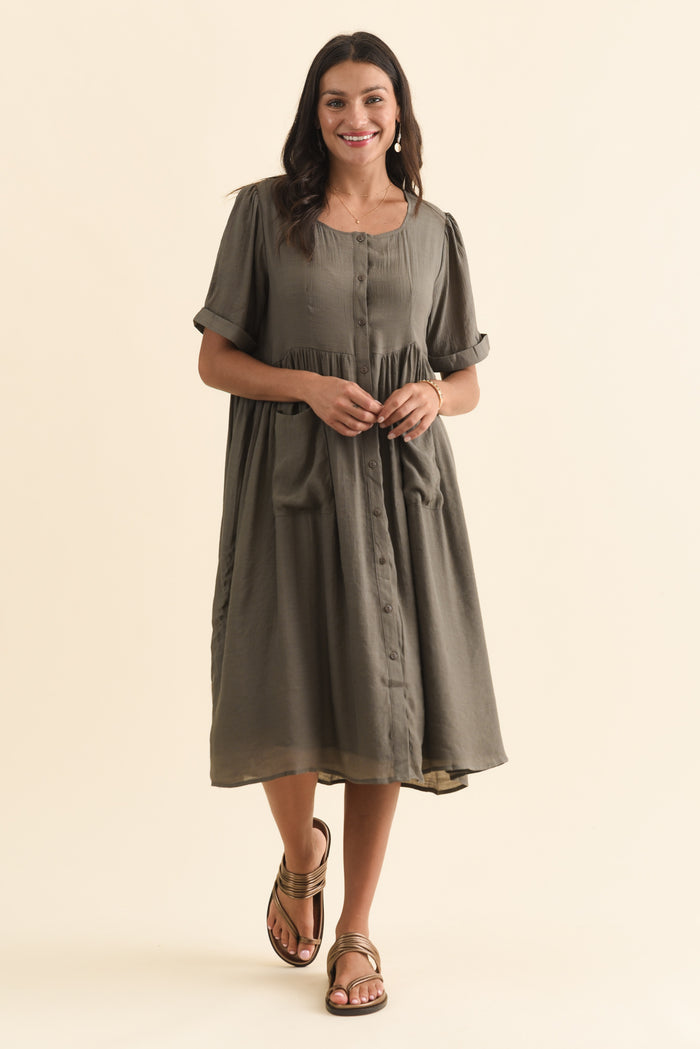 Rayna Khaki Button Dress,Brunette model,alt text|model:Brontie