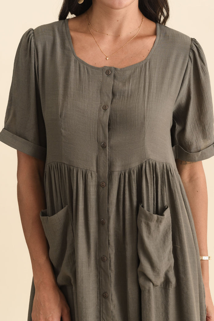 Rayna Khaki Button Dress,Brunette model,alt text|model:Brontie