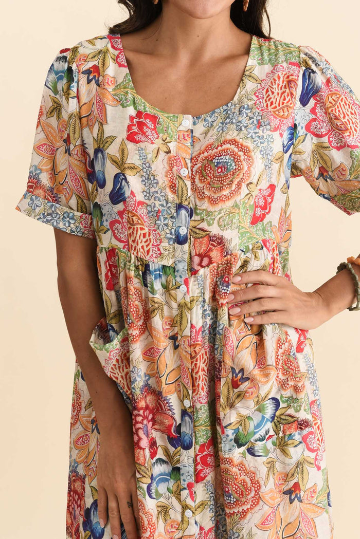 Rayna Orange Garden Button Dress,Brunette model,alt text|model:Brontie