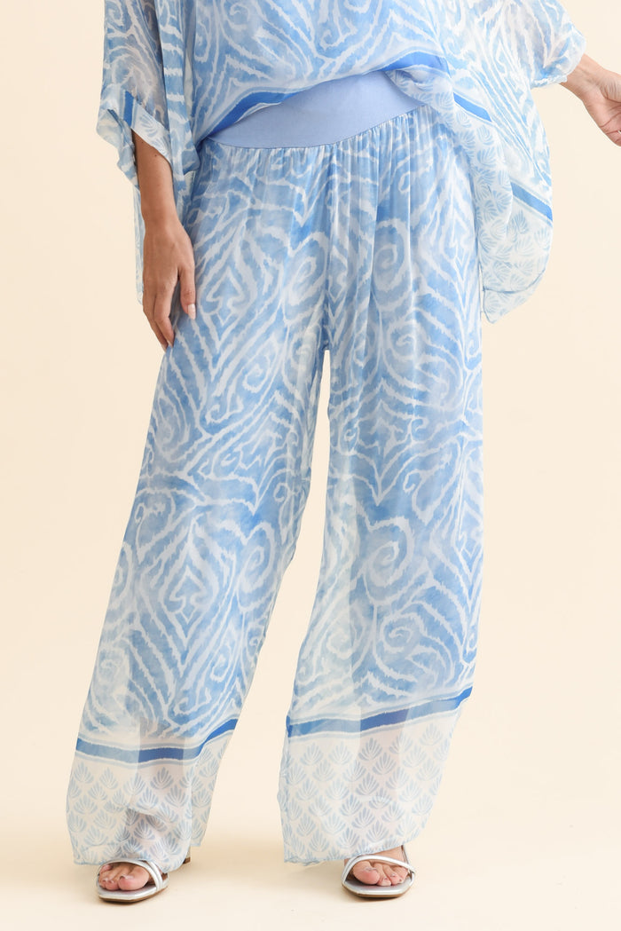 Reba Blue Swirl Silk Layer Pants,Brunette model,alt text|model:MJ