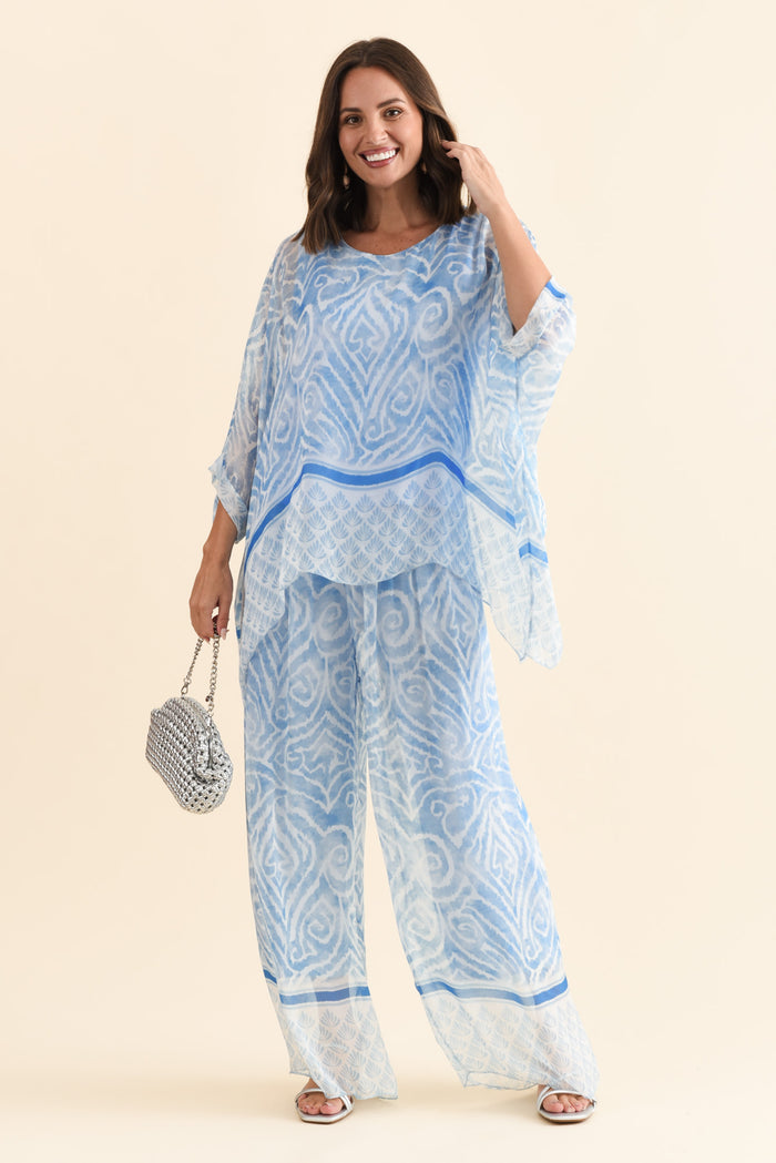 Reba Blue Swirl Silk Layer Pants,Brunette model,alt text|model:MJ