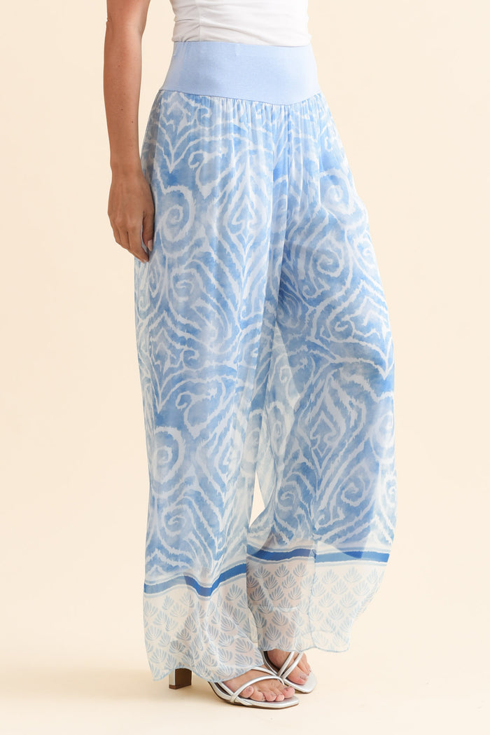 Reba Blue Swirl Silk Layer Pants,Brunette model,alt text|model:MJ