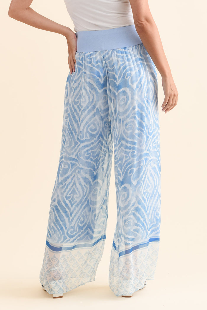 Reba Blue Swirl Silk Layer Pants,Brunette model,alt text|model:MJ