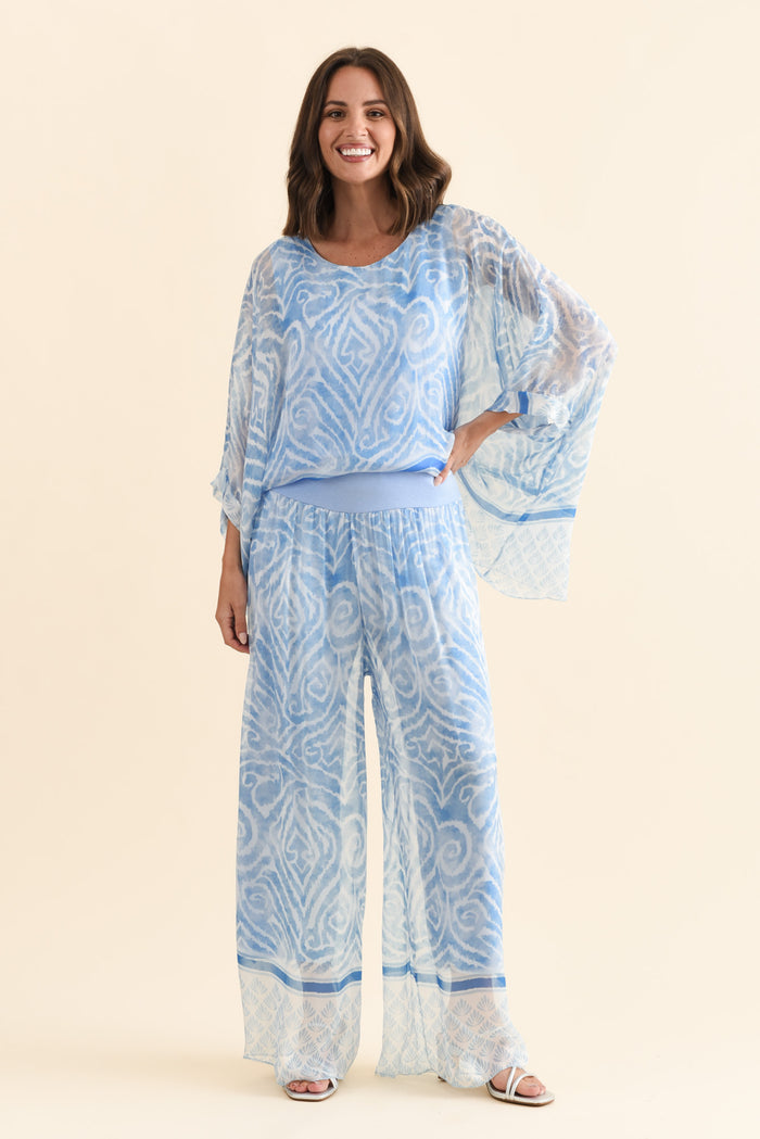 Reba Blue Swirl Silk Layer Pants,Brunette model,alt text|model:MJ