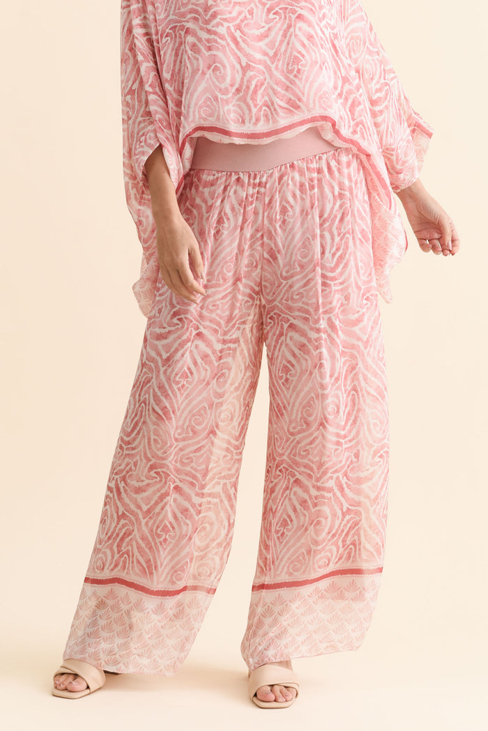Reba Pink Abstract Silk Layer Pants,Brunette model,alt text|model:MJ