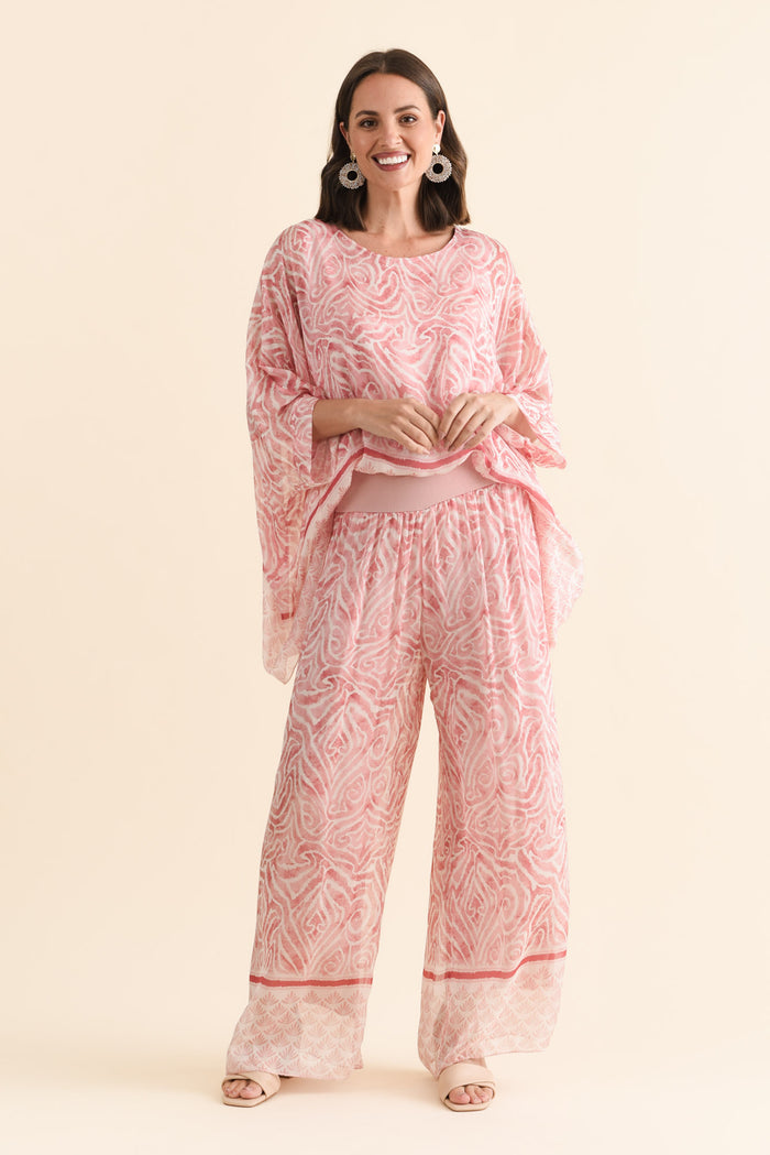 Reba Pink Abstract Silk Layer Pants,Brunette model,alt text|model:MJ