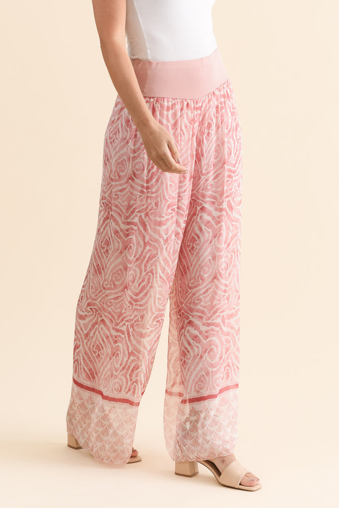 Reba Pink Abstract Silk Layer Pants,Brunette model,alt text|model:MJ