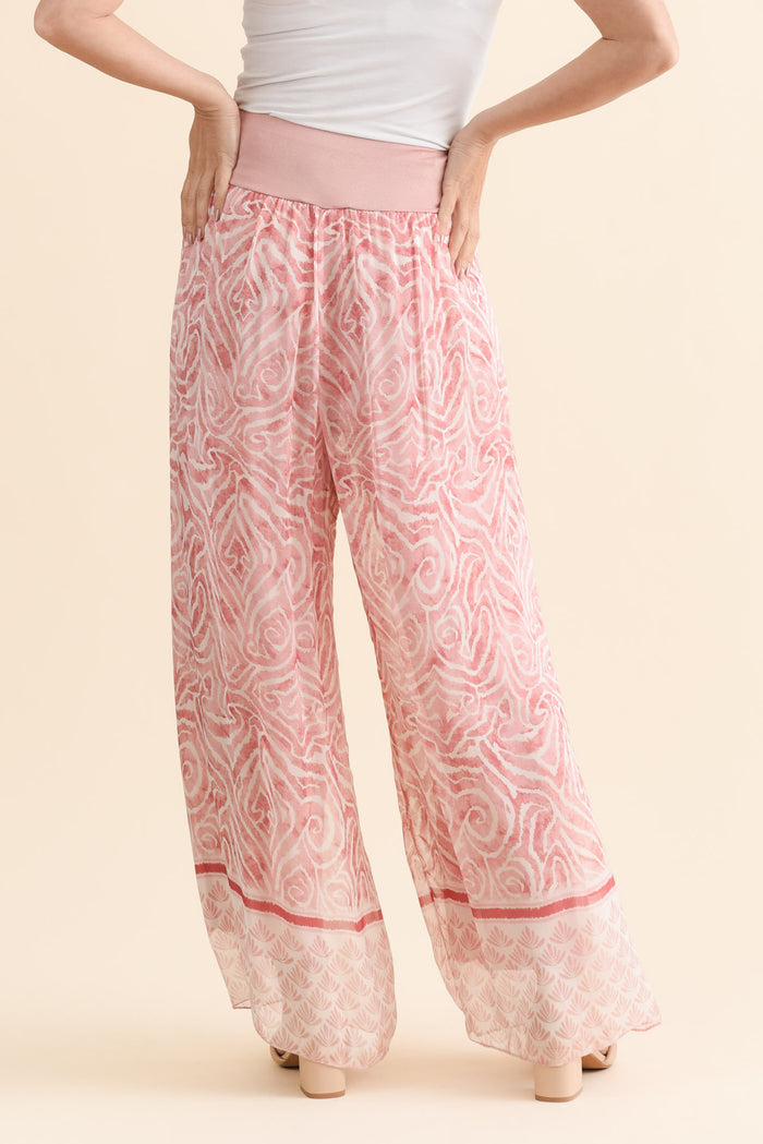 Reba Pink Abstract Silk Layer Pants,Brunette model,alt text|model:MJ