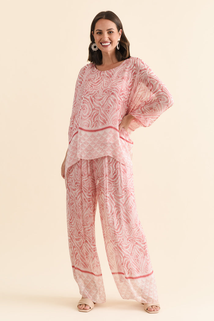 Reba Pink Abstract Silk Layer Pants,Brunette model,alt text|model:MJ